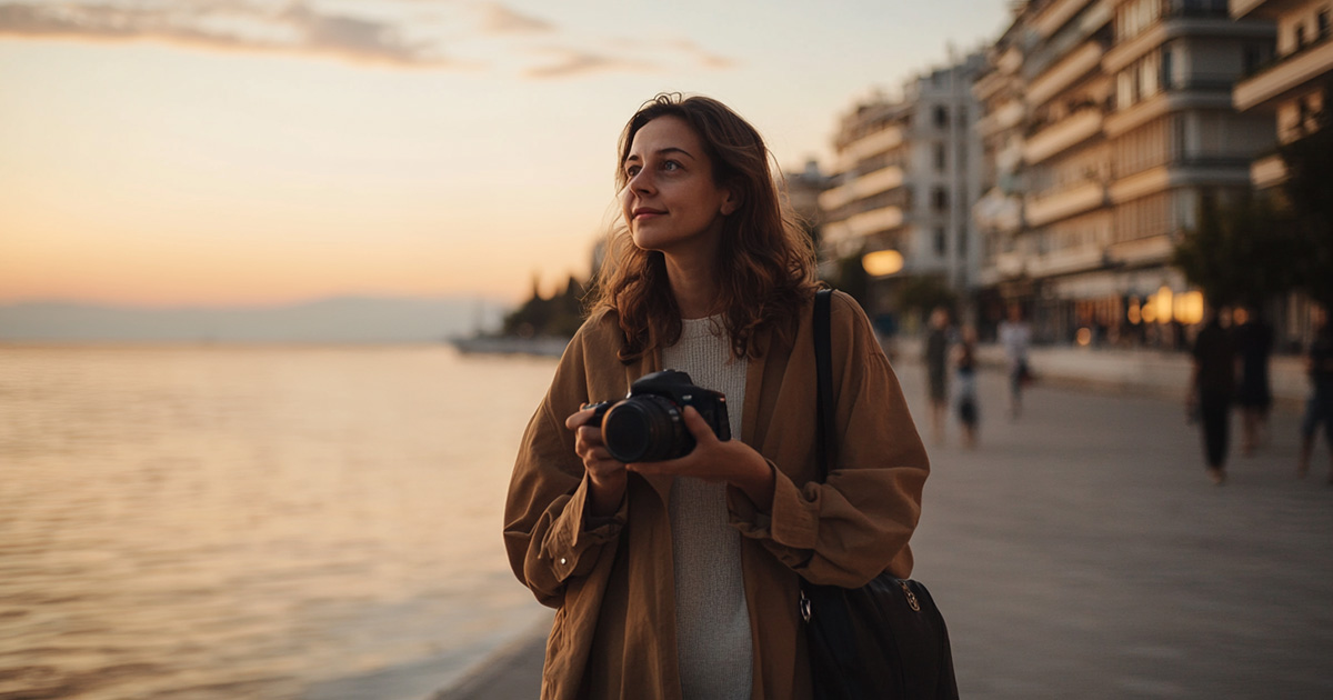 Γυναίκα κρατά φωτογραφική μηχανή στην παραλία της Θεσσαλονίκης κατά το ηλιοβασίλεμα.
