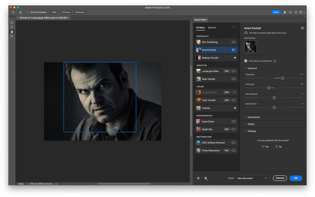 Στο Adobe Photoshop 2025, το εργαλείο Neural Filters και το φίλτρο "Smart Portrait" επιτρέπουν την προσαρμογή χαρακτηριστικών όπως η "Ευτυχία", η "Ηλικία προσώπου" και το "Πάχος μαλλιών" σε ένα πορτρέτο άνδρα.