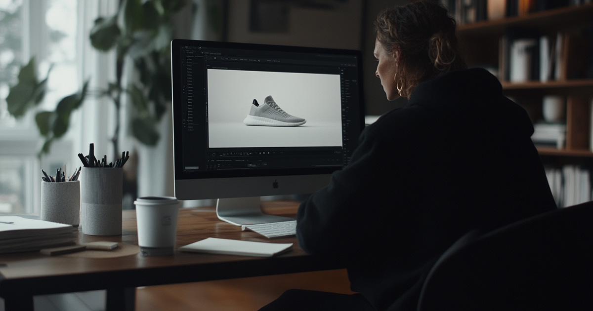 Digital marketing specialist επεξεργάζεται εικόνα προϊόντος στο Photoshop