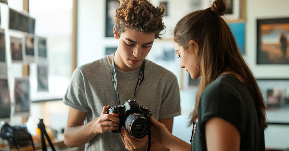 Ένας μαθητής παρατηρεί προσεκτικά μια DSLR κάμερα, ενώ η δασκάλα του τον καθοδηγεί σε ένα ιδιαίτερο μάθημα φωτογραφίας της Photoglobe.